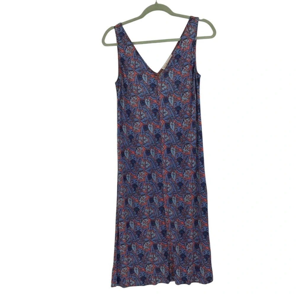 Tory Burch Dress 100% Silk Sheath Sleeveless V-Neck‎ Floral Blue and Coral Small